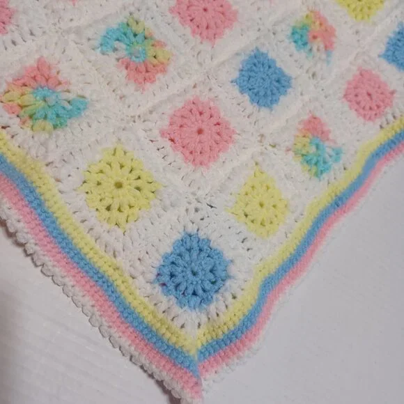 Two Hand Made Crochet Baby Afghans White Pink Yellow Blue - Picture 10 of 10
